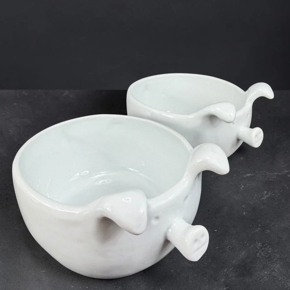 White Ceramic Pig Bowls Set of 2 Whimsical Farmhouse Animal Soup Cereal 6x3in